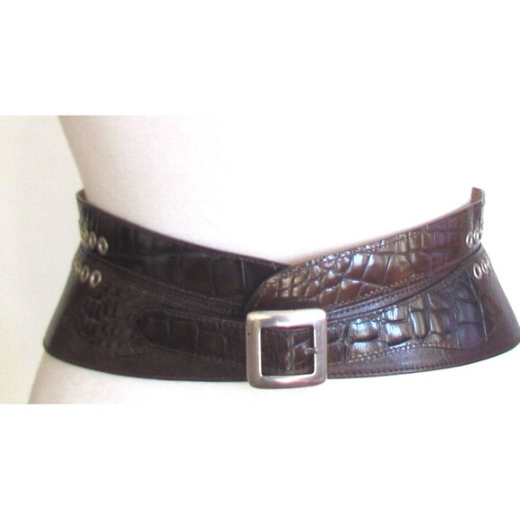 DESIGNER NEIMAN MARCUS BROWN LEATHER STUDDED CROC EMBOSSSED 3 1/2 \